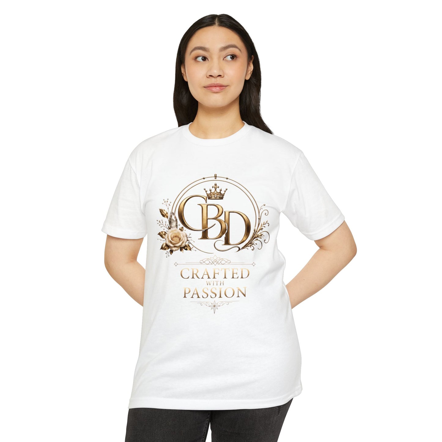 T-Shirt — CBD “Crafted with Passion” Gold Floral Crest