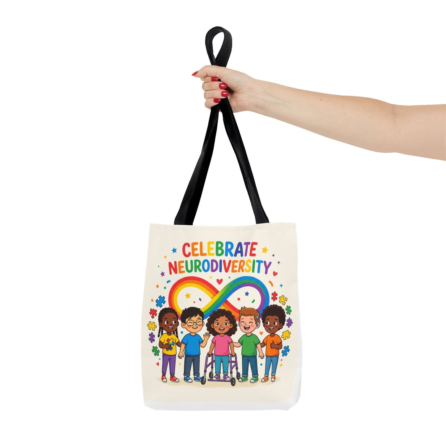 Celebrate Neurodiversity Tote Bag — Rainbow Infinity Symbol with Diverse Kids