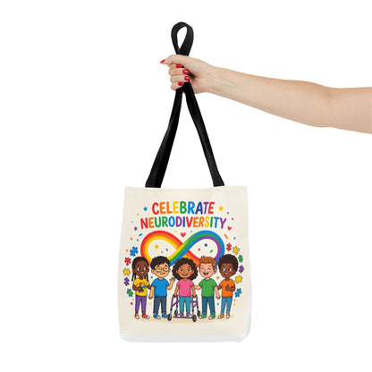 Celebrate Neurodiversity Tote Bag — Rainbow Infinity Symbol with Diverse Kids
