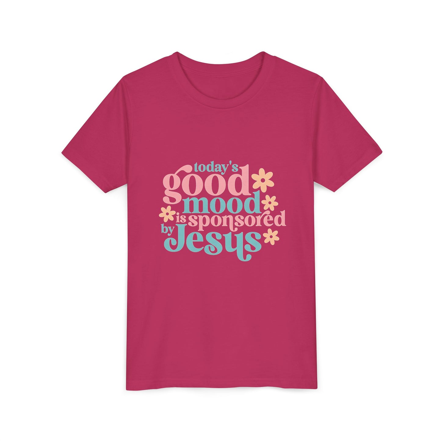 Youth Tee – "Today's Good Mood is Sponsored by Jesus" Retro Floral Christian Shirt