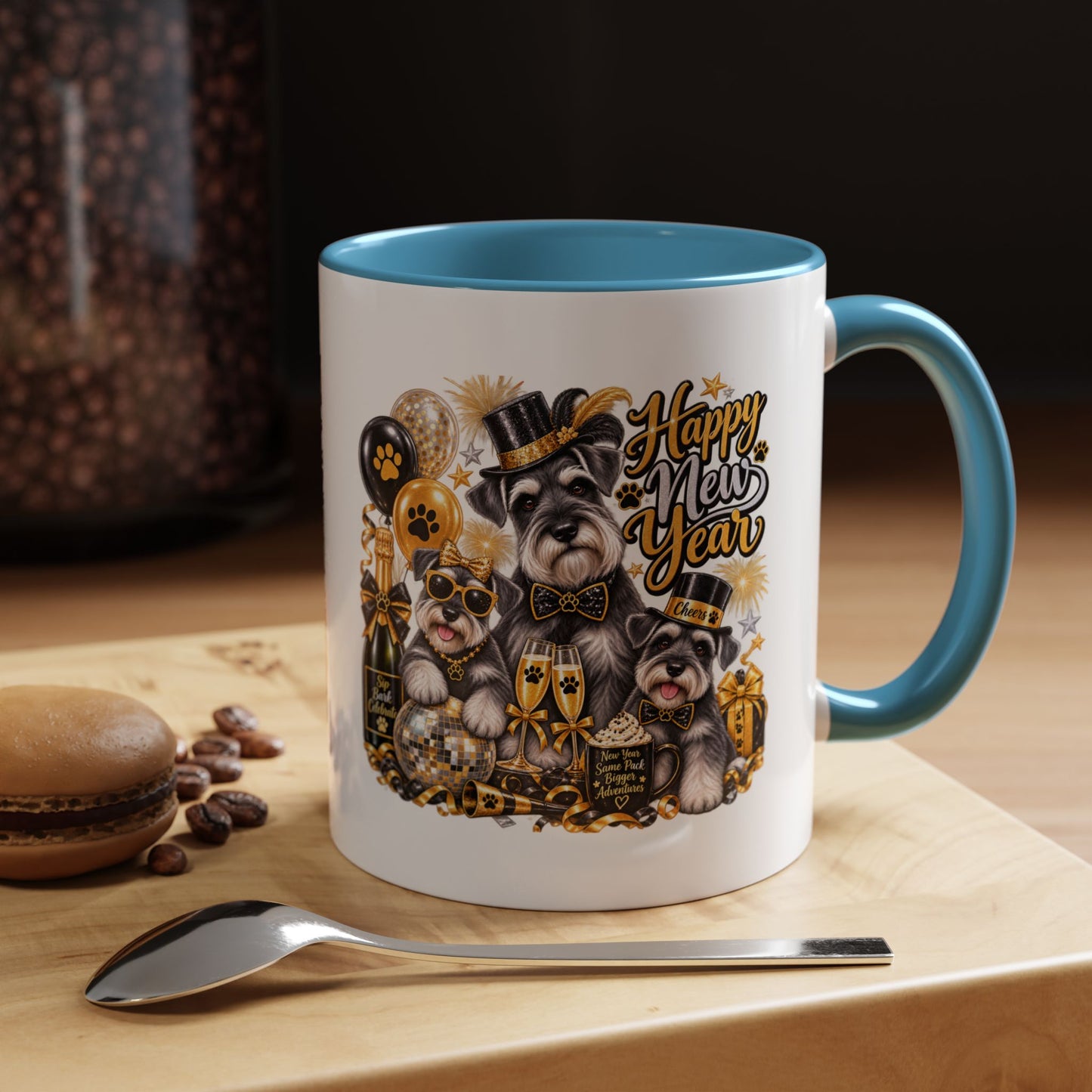 Happy New Year Schnauzer Coffee Mug — Festive Dog New Year Accent Mug (11/15oz)