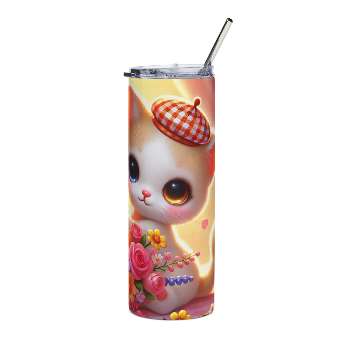 Cute Floral Cat 20oz Stainless Steel Tumbler — Kawaii Bouquet Drinkware