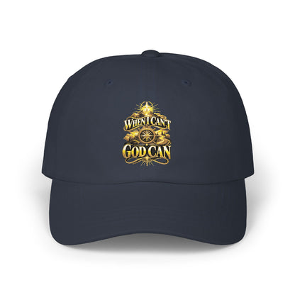 Dad Cap — Vintage Gold Crest "When I Can, God Can" Embroidered Hat