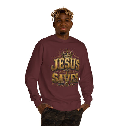 Jesus Saves Sweatshirt — Christian Faith Crewneck with Crown & Cross Design
