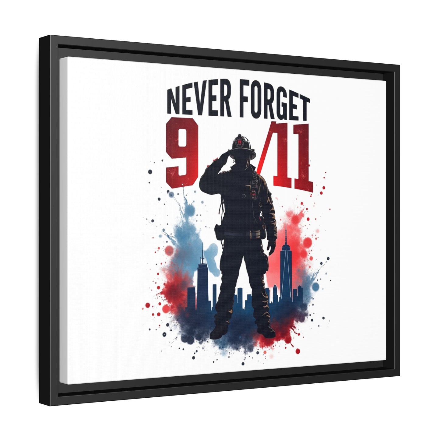 Never Forget 9/11 Framed Canvas Print — Patriotic Firefighter Memorial Art