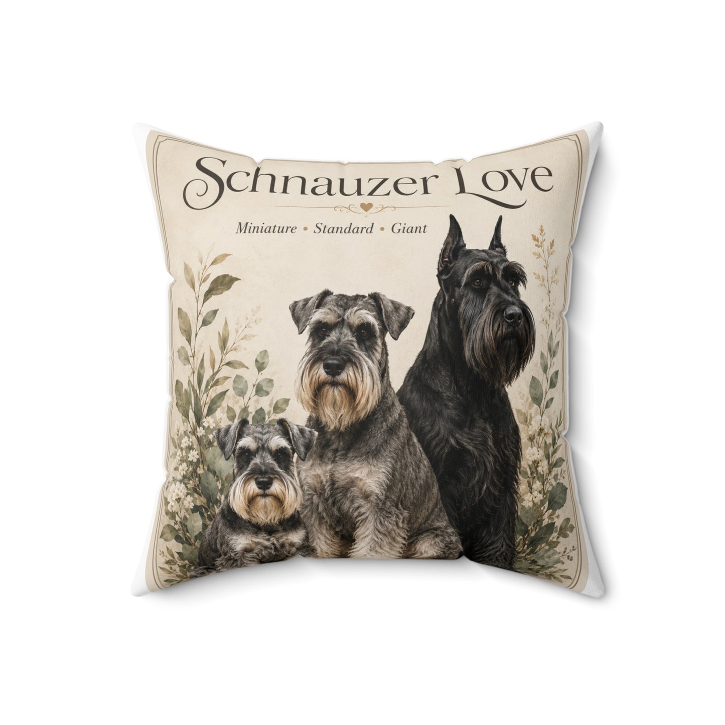 Schnauzer Love Throw Pillow — Decorative Dog Breed Cushion (Miniature, Standard, Giant)