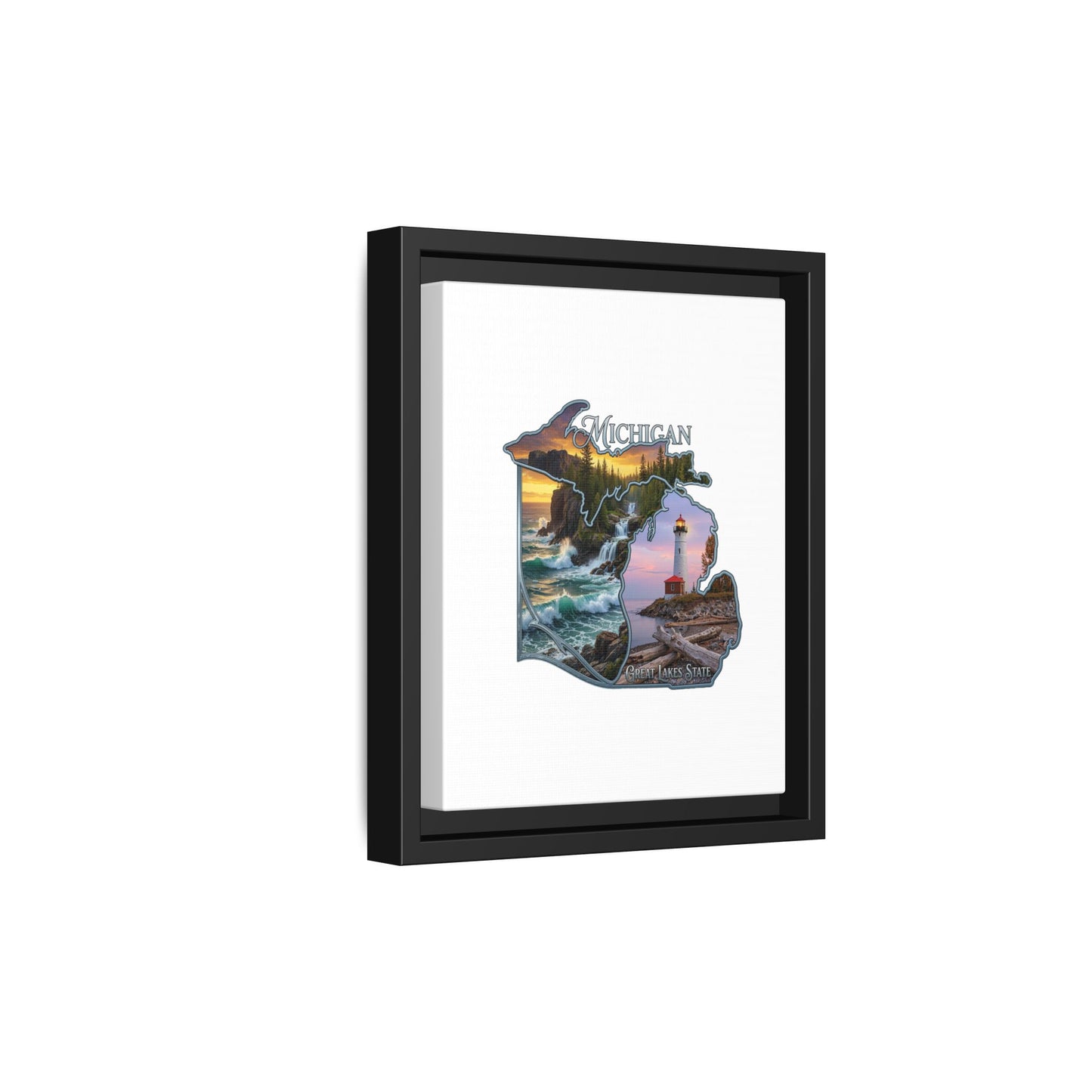 Michigan Framed Canvas Wall Art — Great Lakes State Lighthouse & Shoreline Print