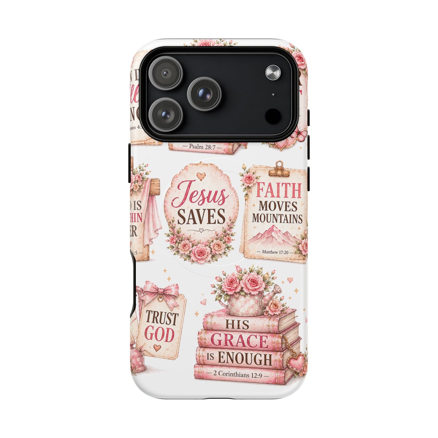 Christian Faith iPhone Tough Magnetic Case — 'Jesus Saves' Floral Scripture Design (Fear Not, Faith Moves Mountains)