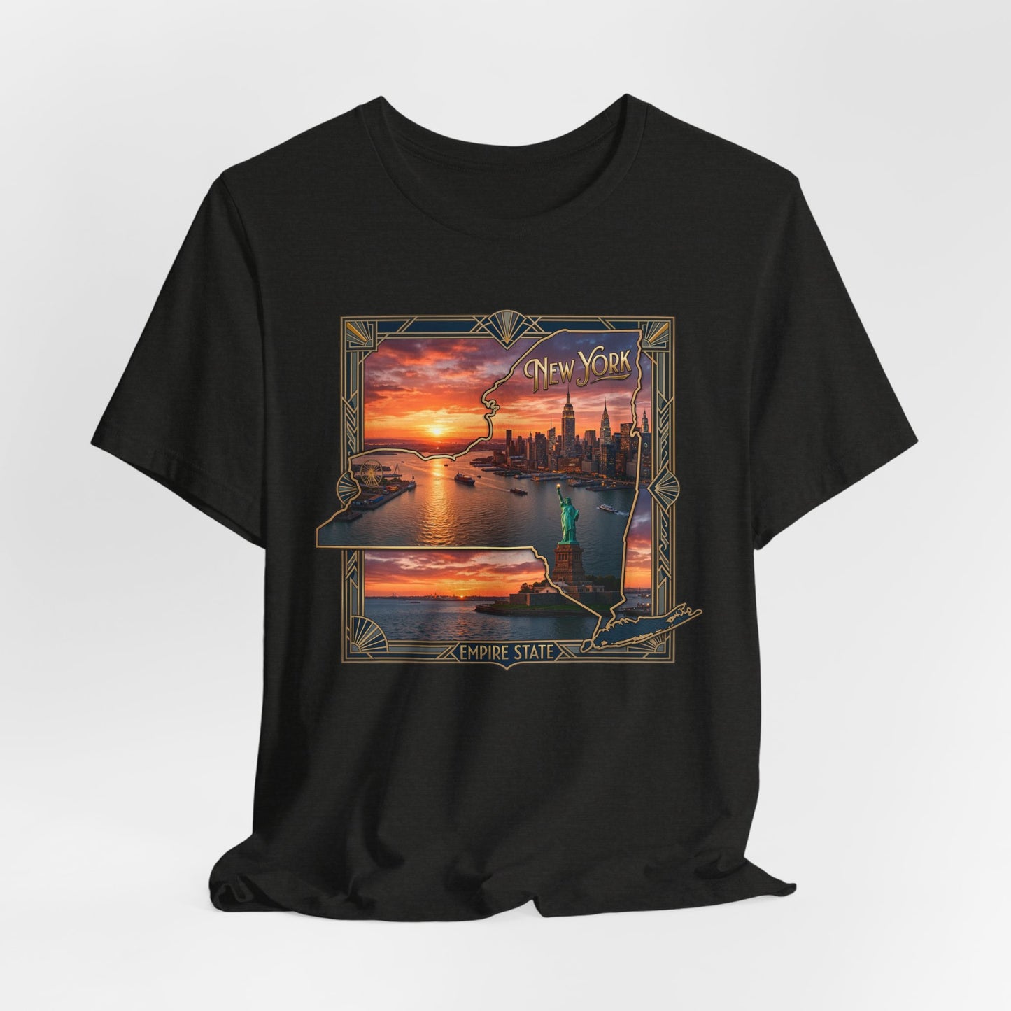 New York Sunset Skyline Tee — Statue of Liberty Vintage Travel T‑Shirt