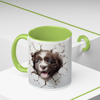 Puppy Breakthrough Accent Coffee Mug (11/15oz) — Cute Dog Face Cracked Wall Design