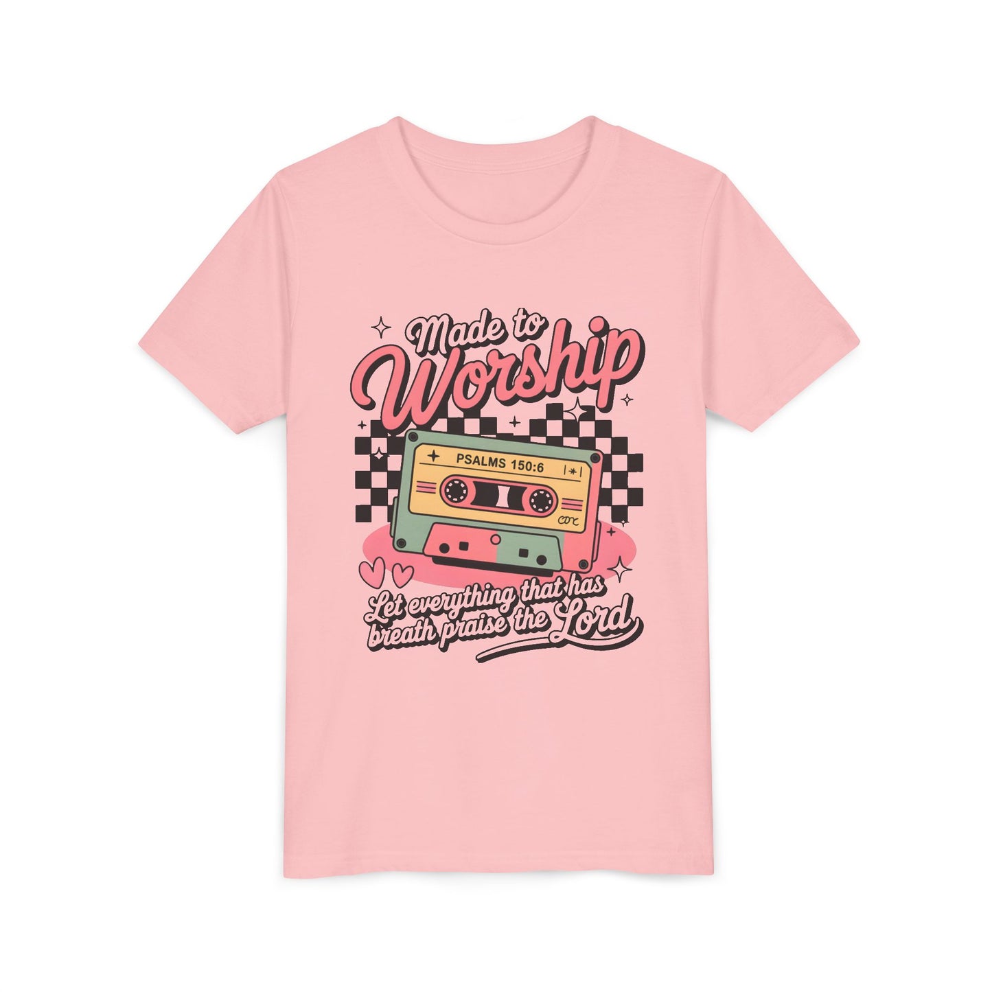 Made to Worship Youth Tee – Retro Cassette Christian Kids Shirt (Psalms 100:4)