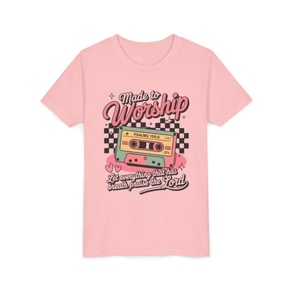 Made to Worship Youth Tee – Retro Cassette Christian Kids Shirt (Psalms 100:4)