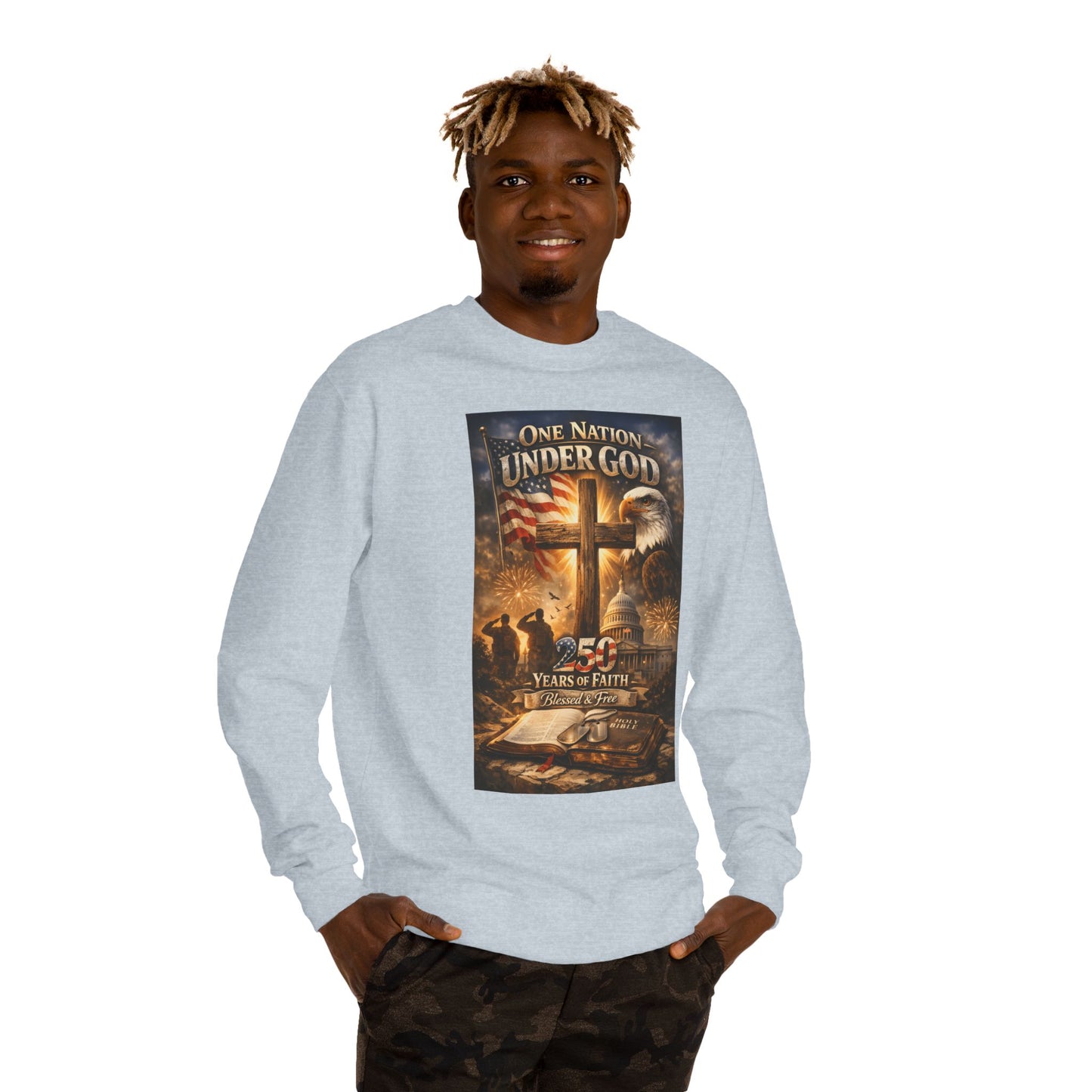 Patriotic Christian Sweatshirt — "One Nation Under God" 25 Years of Faith Crewneck