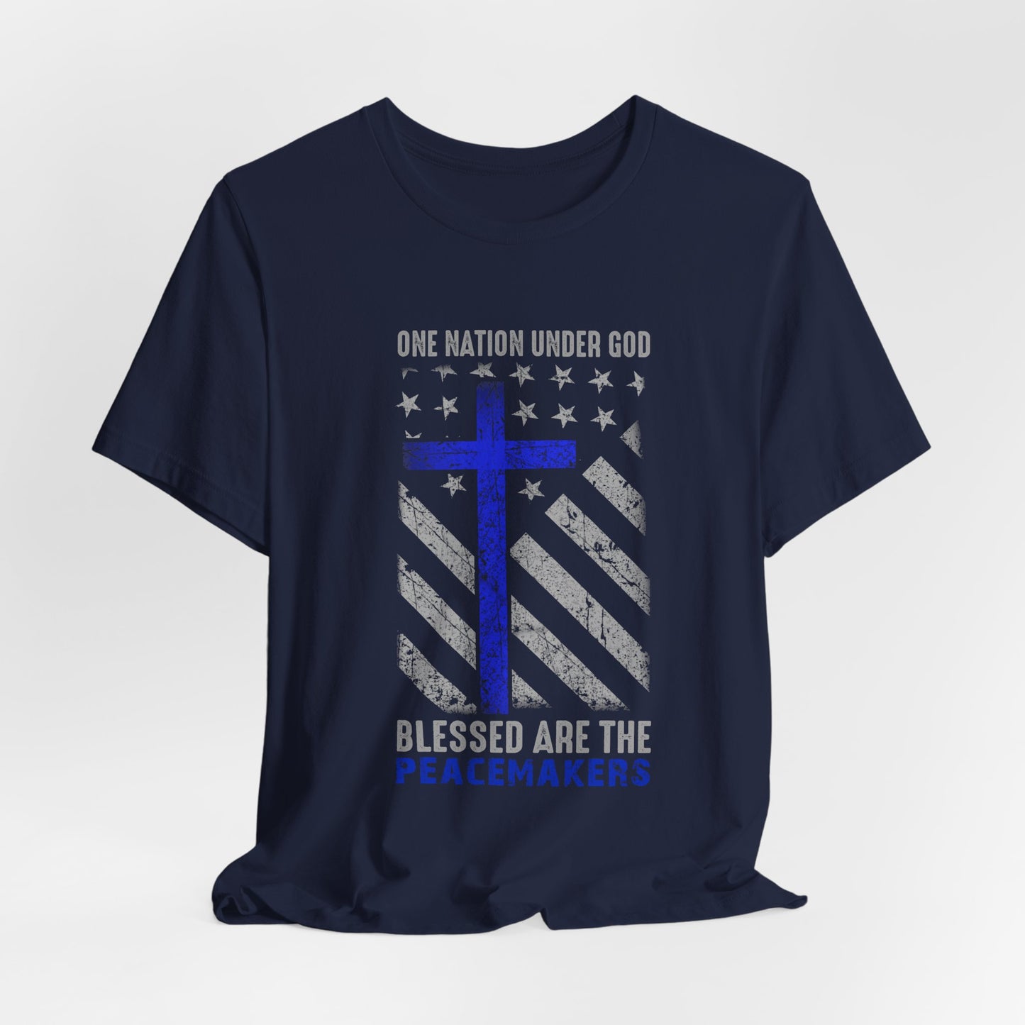 Blessed Are the Peacemakers T‑Shirt — Thin Blue Line Cross, "One Nation Under God" Patriotic Police Tee
