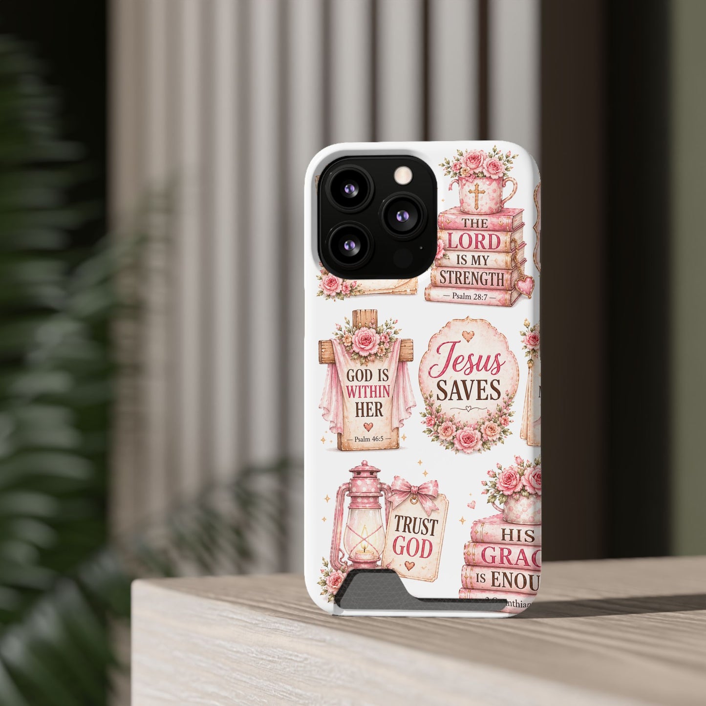 Christian Floral Phone Case with Card Holder — 'Jesus Saves' Inspirational Design