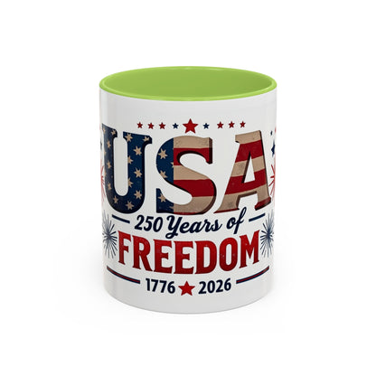 USA 250 Years of Freedom Accent Coffee Mug – 1776–2026 Patriotic Fourth of July Gift
