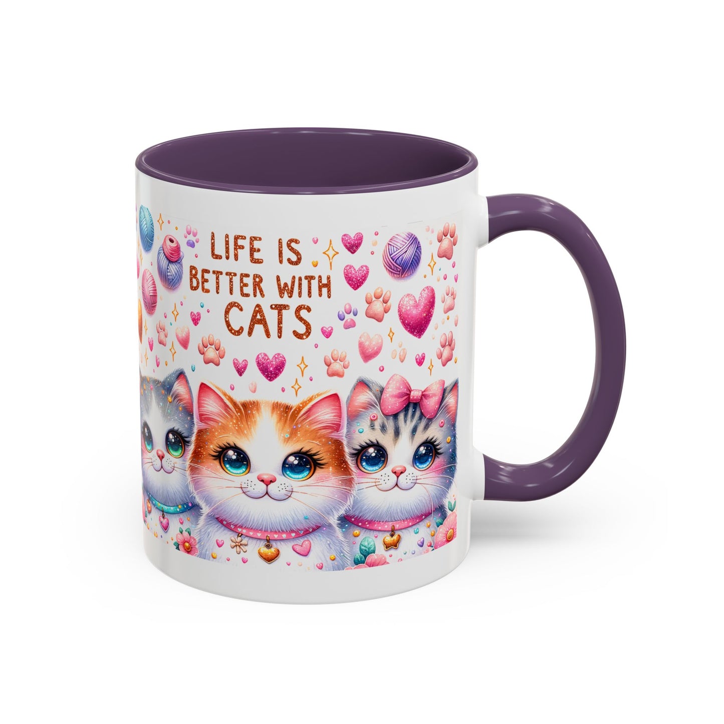 Cat Lover Accent Coffee Mug — "Life Is Better With Cats" Cute Kittens Design (11/15oz)