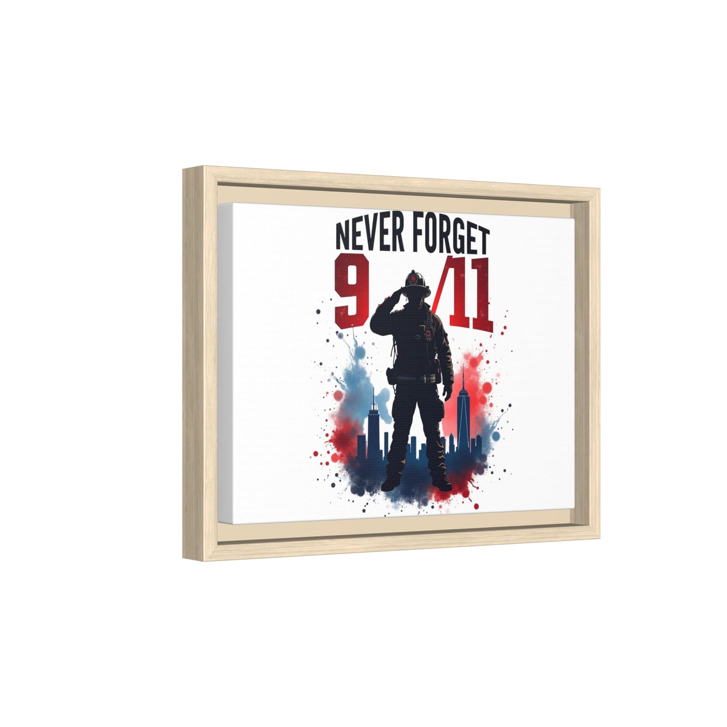 Never Forget 9/11 Framed Canvas Print — Patriotic Firefighter Memorial Art
