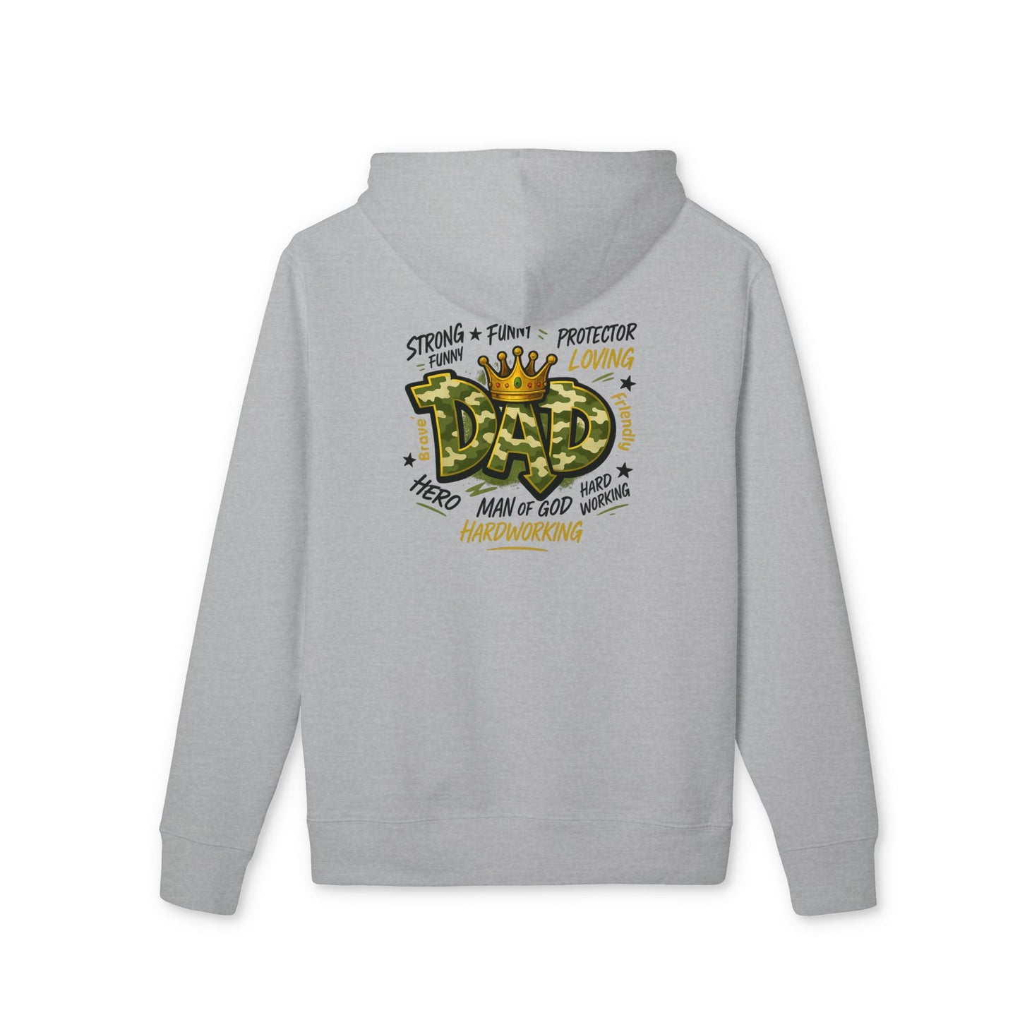 Dad Hoodie — 'Dad' Crown Graphic with 'Strong • Funny • Protector' Typography