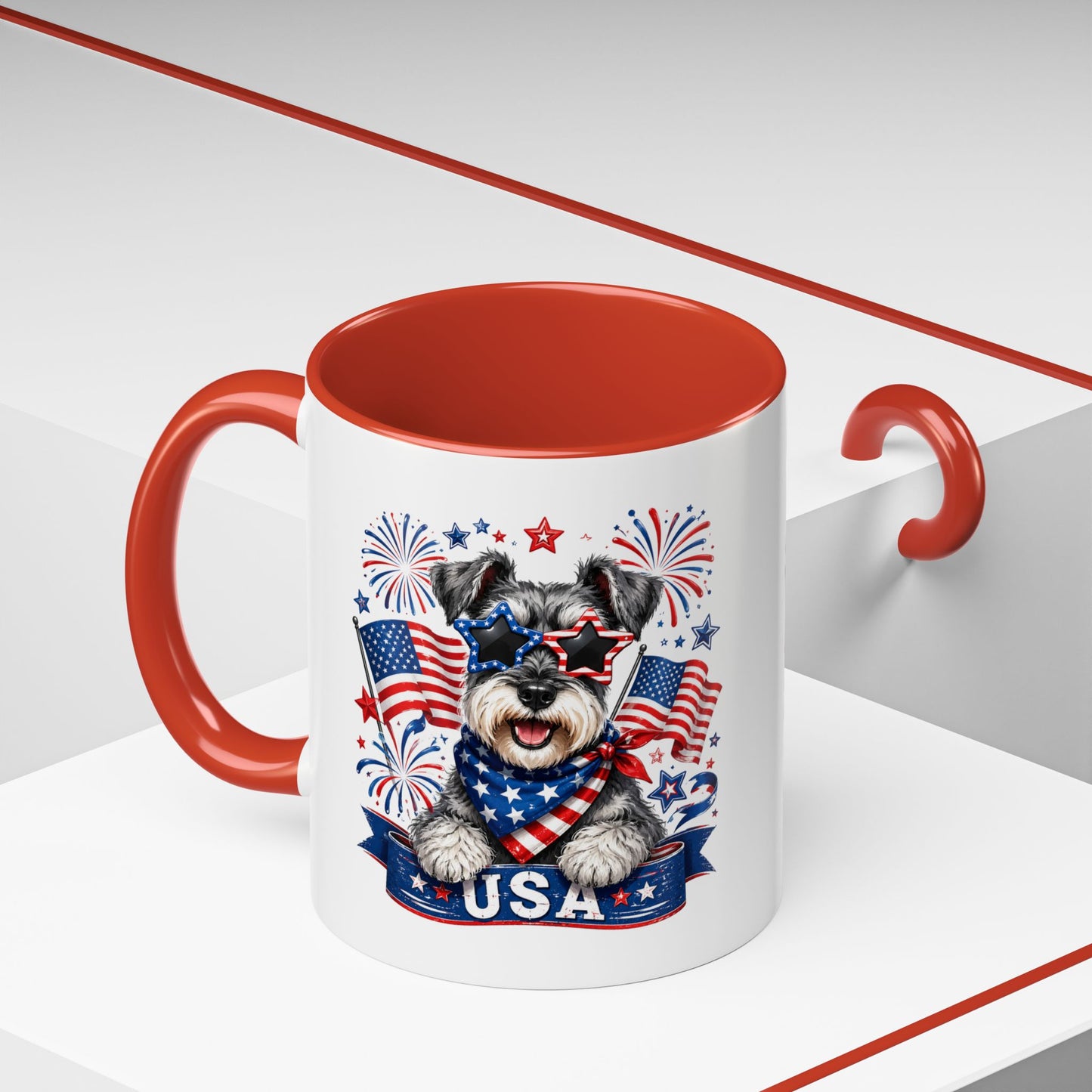 Patriotic Schnauzer Coffee Mug – USA Flag, Fireworks Accent Mug (11/15oz)