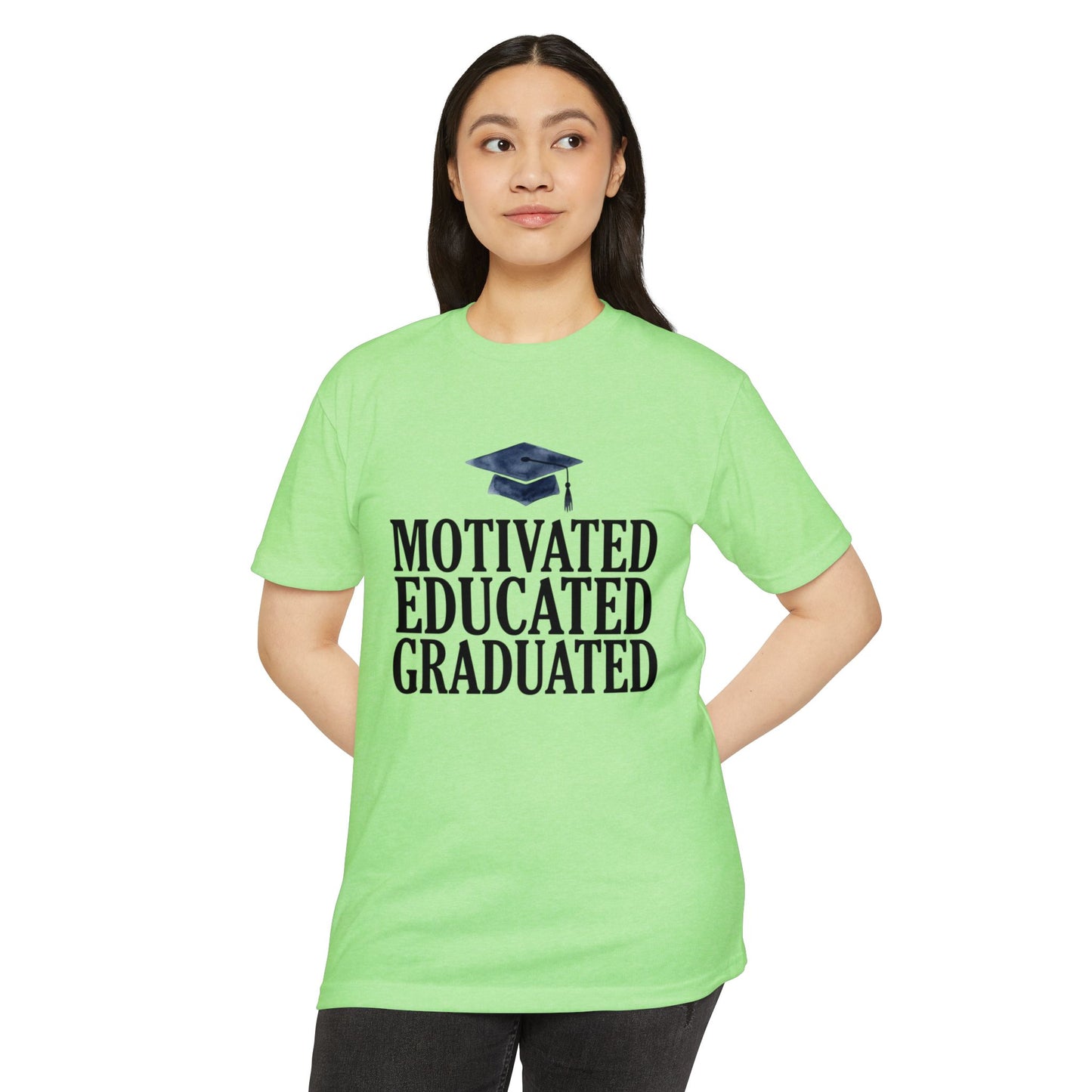 Graduation Tee — "Motivated Educated Graduated" Cap Design