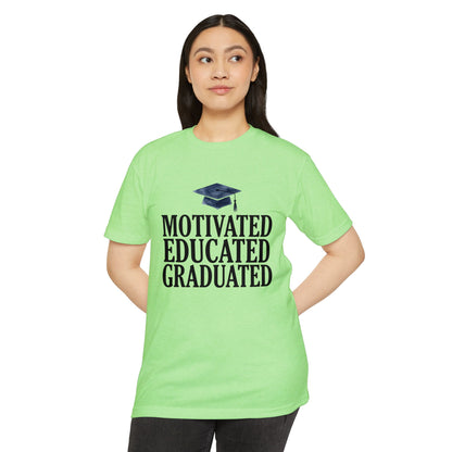 Graduation Tee — "Motivated Educated Graduated" Cap Design