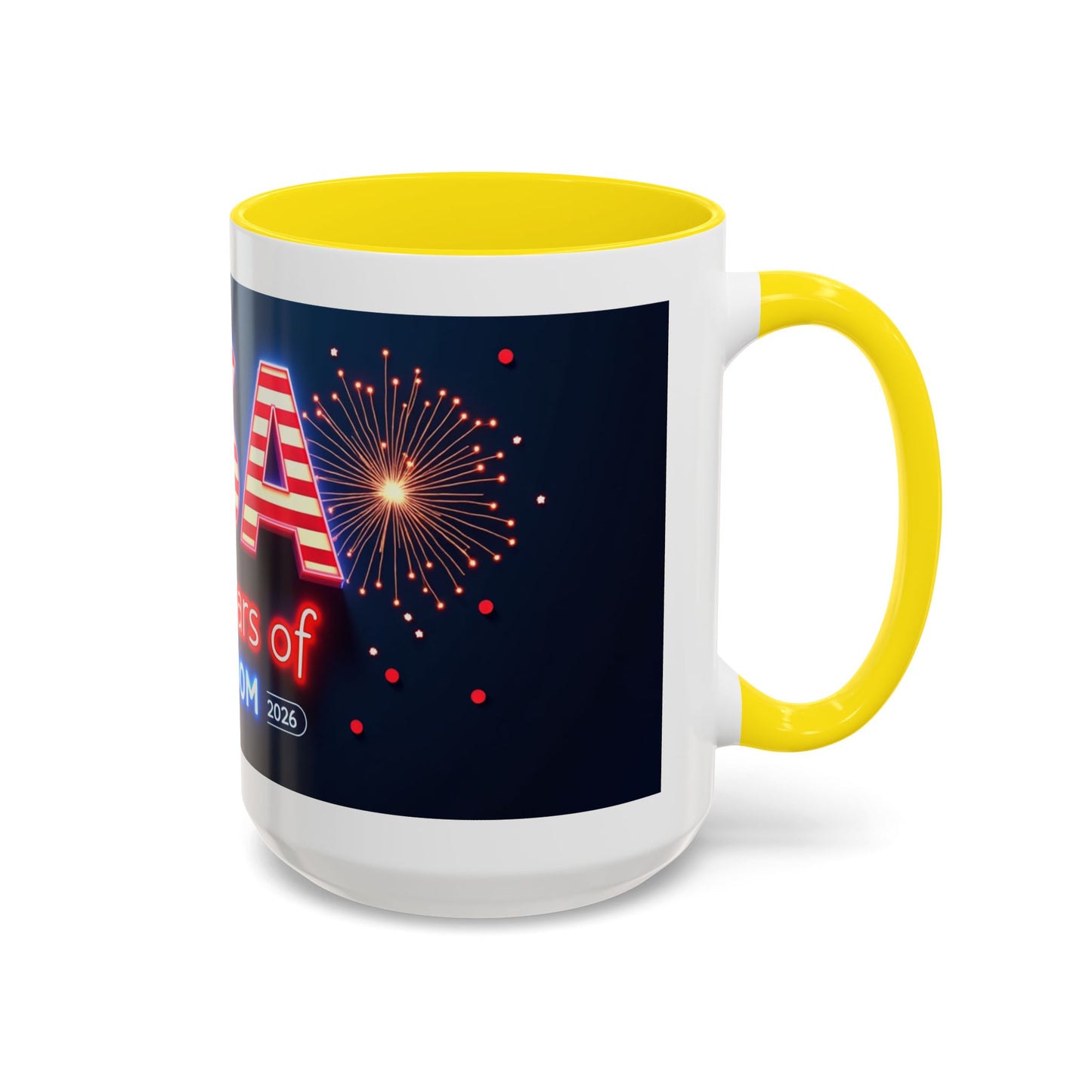 USA 250 Years of Freedom Accent Coffee Mug — Patriotic 1776–2026 Fireworks Design (11/15oz)