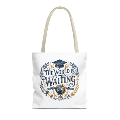 Graduation Tote Bag – "The World Is Waiting" Cap & Globe Design