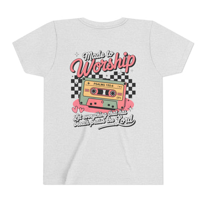 Made to Worship Youth Tee – Retro Cassette Christian Kids Shirt (Psalms 100:4)
