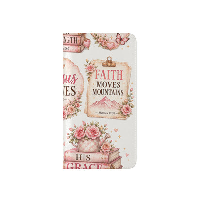 Christian Floral Phone Flip Case — "Jesus Saves" & Inspirational Scripture Wallet Cover