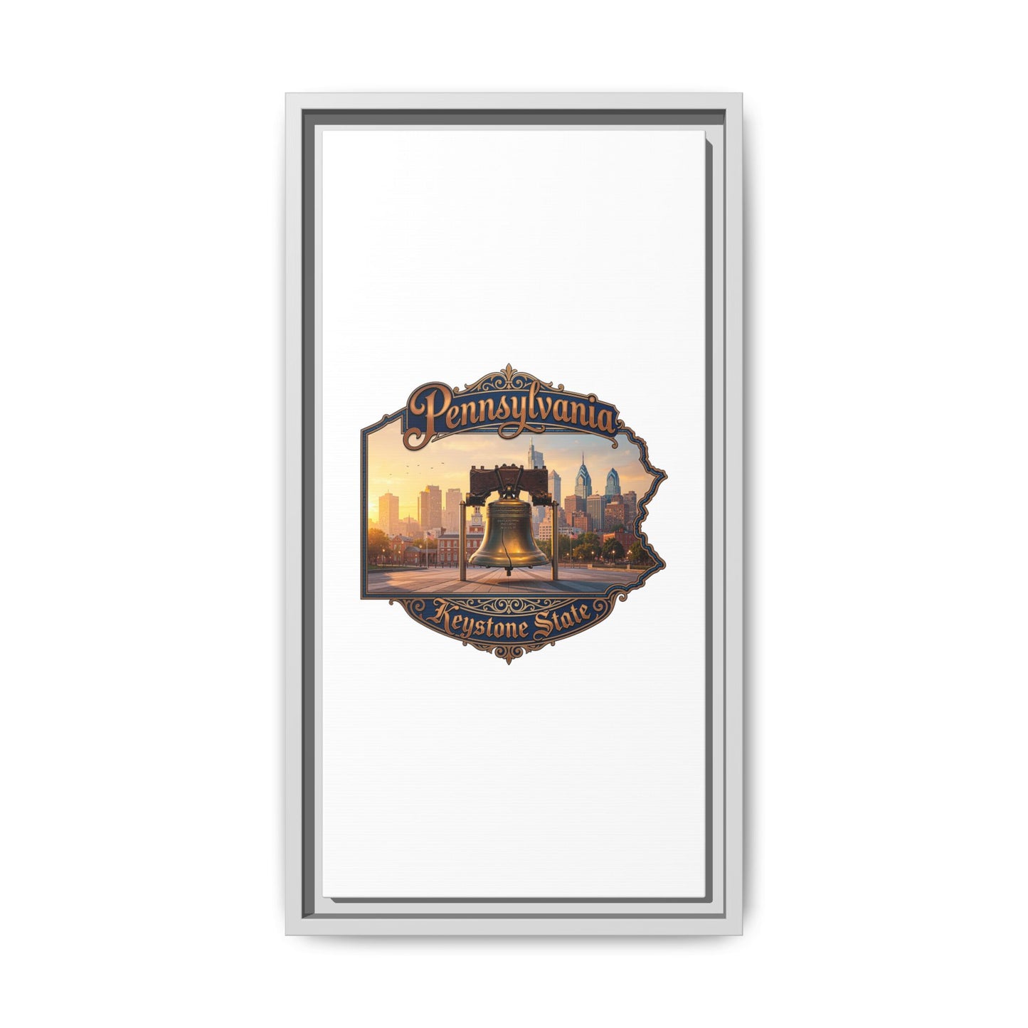 Pennsylvania Keystone State Framed Canvas Wall Art — Liberty Bell & Philadelphia Skyline