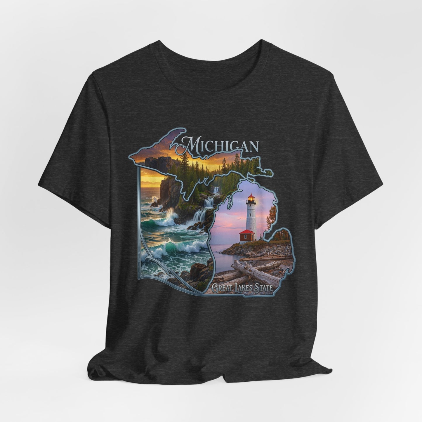Michigan Scenic Map T-Shirt — Great Lakes Lighthouse Sunset Tee