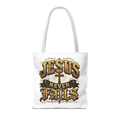 Jesus Never Fails Tote Bag — Christian Faith AOP Canvas Tote