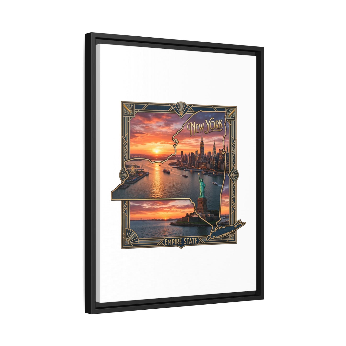 Framed Matte Canvas Wall Art — New York City Sunset Skyline with Statue of Liberty