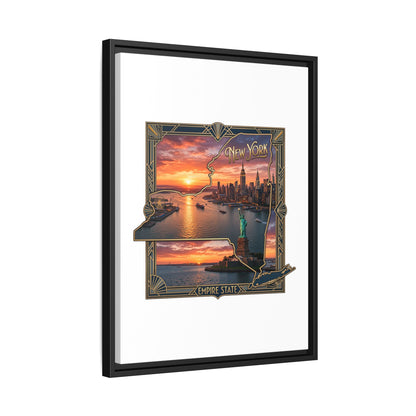 Framed Matte Canvas Wall Art — New York City Sunset Skyline with Statue of Liberty