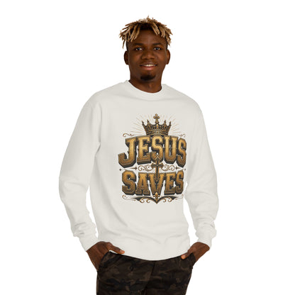 Jesus Saves Sweatshirt — Christian Faith Crewneck with Crown & Cross Design