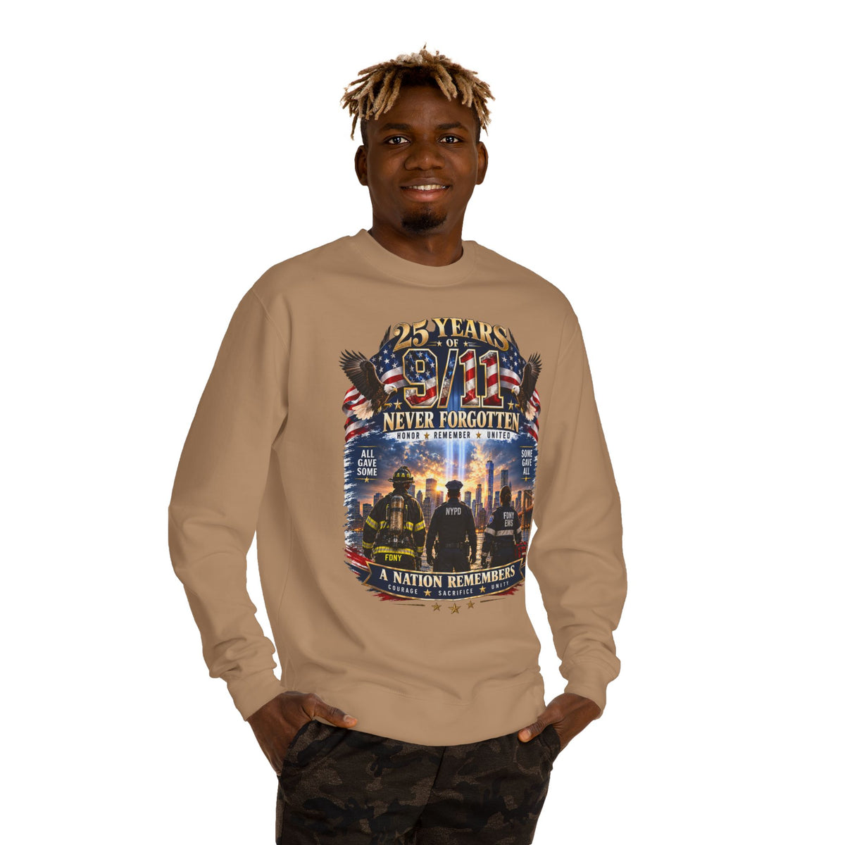 9/11 Never Forgotten Crewneck Sweatshirt — 25 Years Memorial Tribute