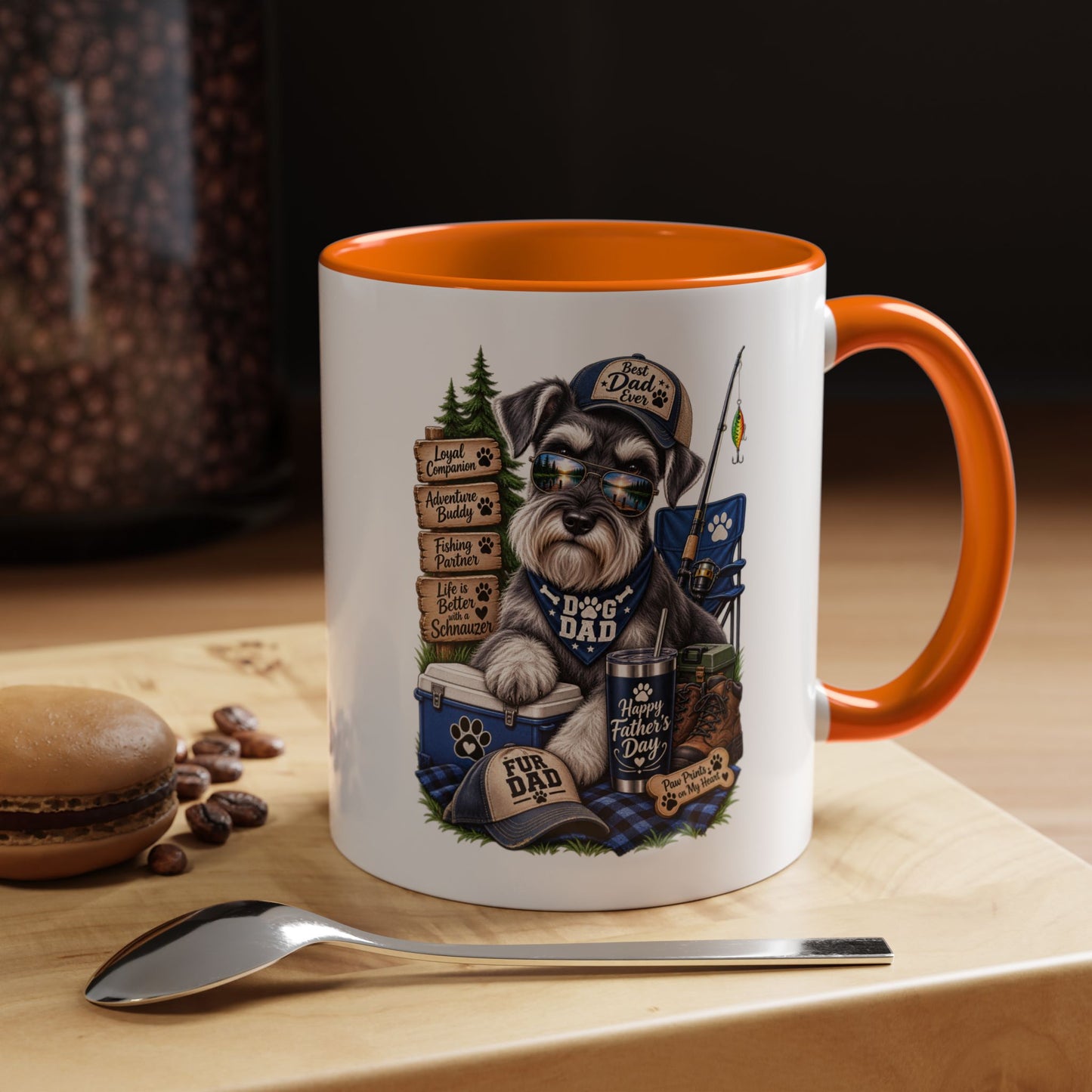 Schnauzer Dad Accent Coffee Mug – "Dog Dad" Camping Paw Print Design (11/15oz)