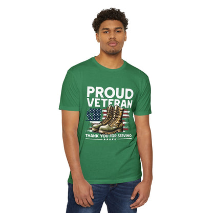 Proud Veteran T-Shirt — "Proud Veteran" with Military Boots & American Flag — Thank You for Serving