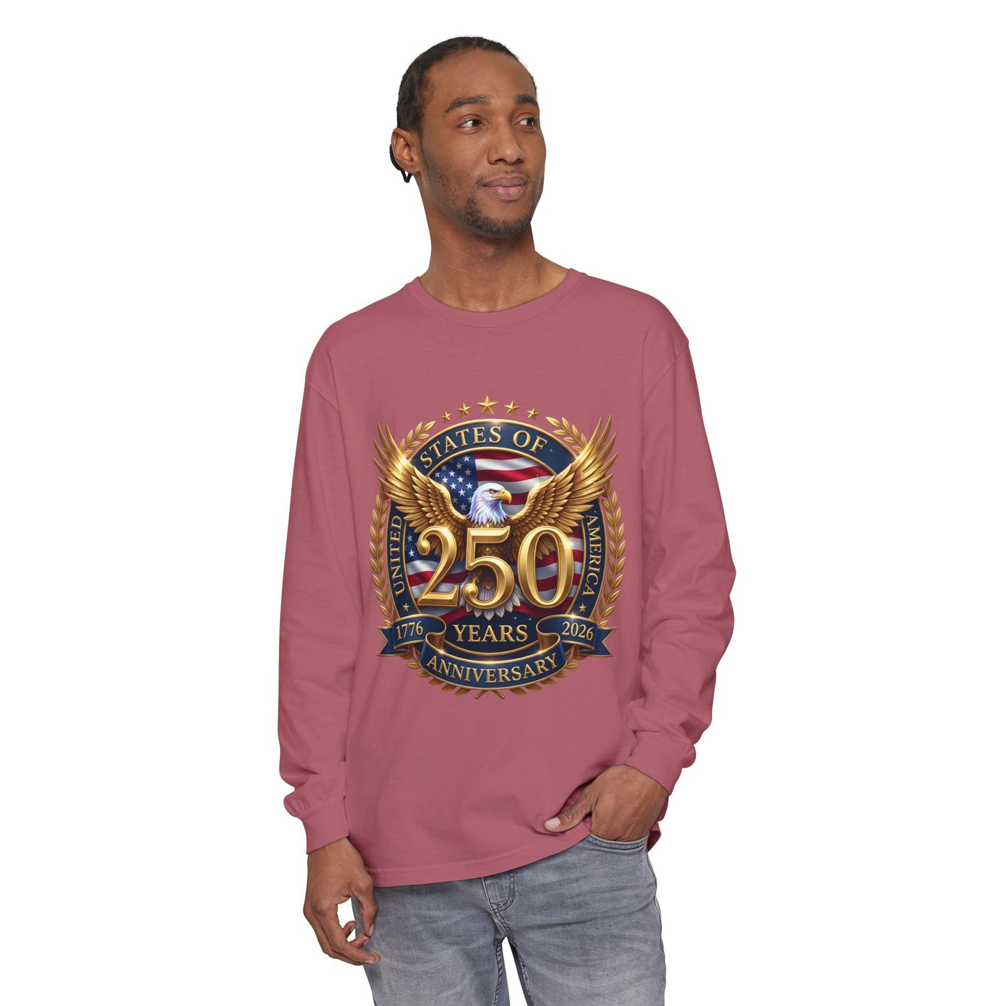 250 Years Anniversary Long Sleeve T-Shirt — USA Bicentennial 1776–2026 Eagle Emblem