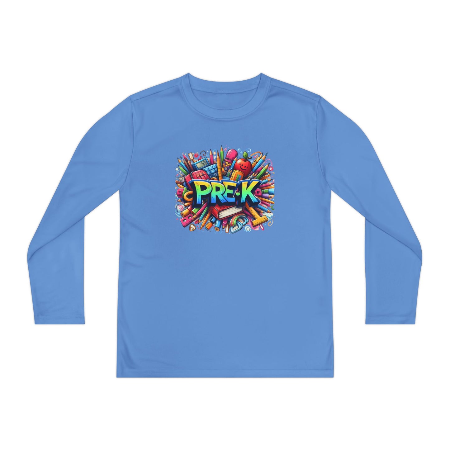 PRE-K Youth Long Sleeve Tee — Colorful School Supplies Design