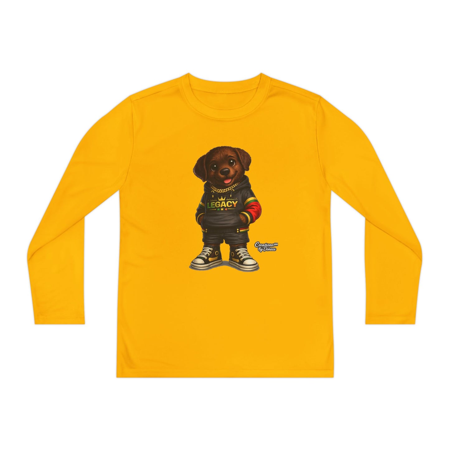 Kids Long Sleeve Tee — Brown Puppy Wearing 'Legacy' Hoodie Graphic