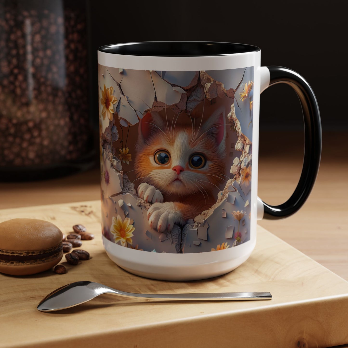 Cute Kitten Floral Coffee Mug – Peekaboo Cat Accent Mug (11/15oz)