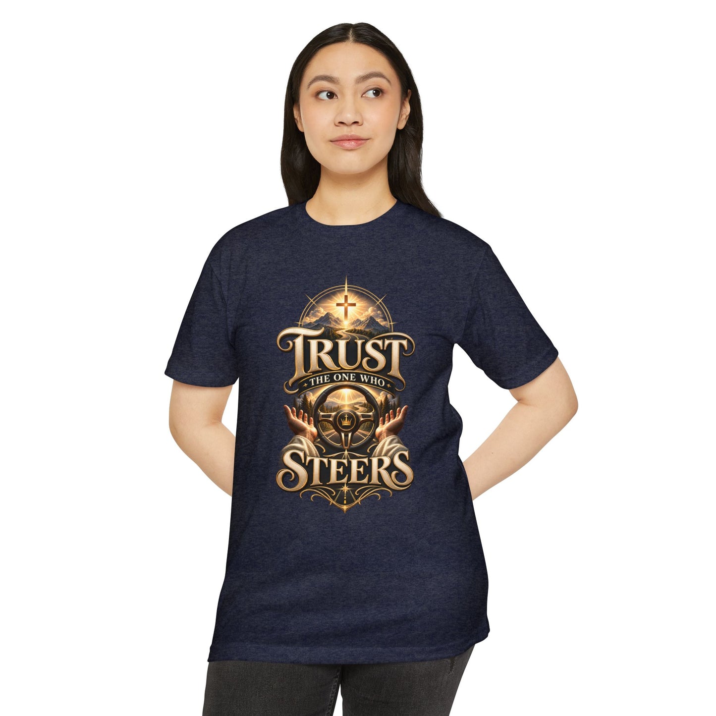 Trust He Steers T‑Shirt — Christian Faith Nautical Steering Wheel Design