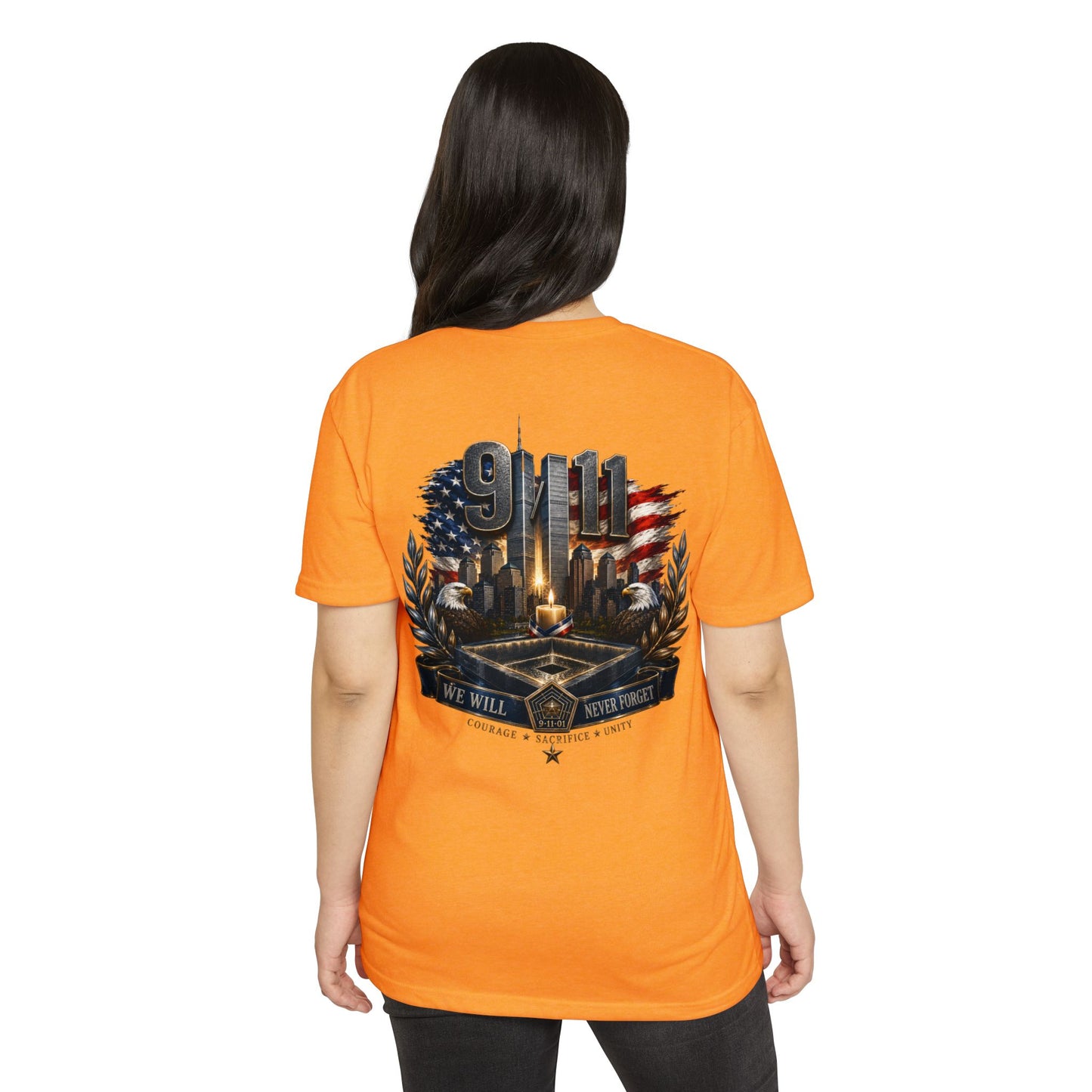9/11 Never Forget Memorial T-Shirt — Tribute American Flag Skyline Tee