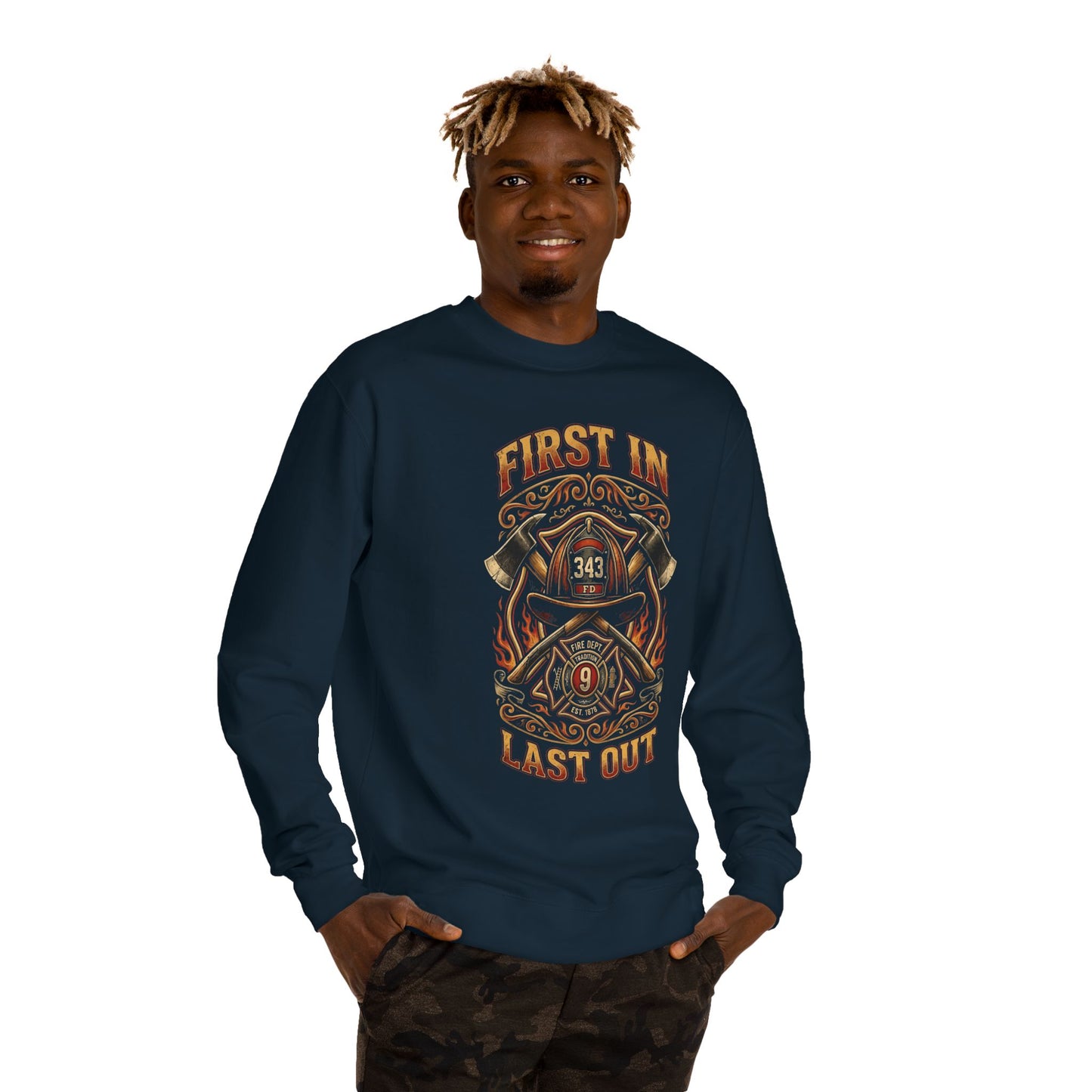 Firefighter Crewneck Sweatshirt — "First In, Last Out" Vintage Fire Department Design