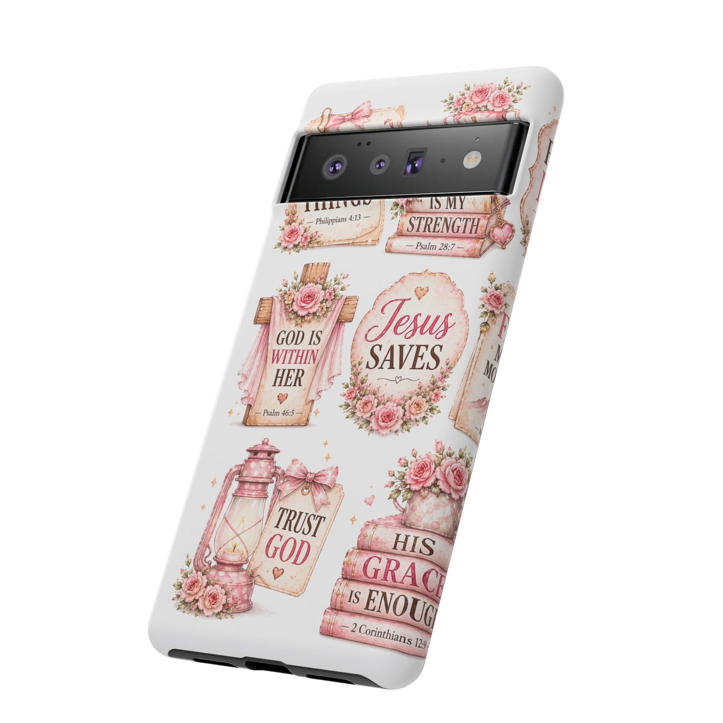 Christian Phone Case — Jesus Saves Floral Tough Case with 'God Is Within Her' & 'Trust God' Design