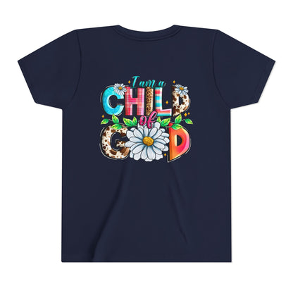 Youth Tee — "I Am a Child of God" Floral Christian Graphic