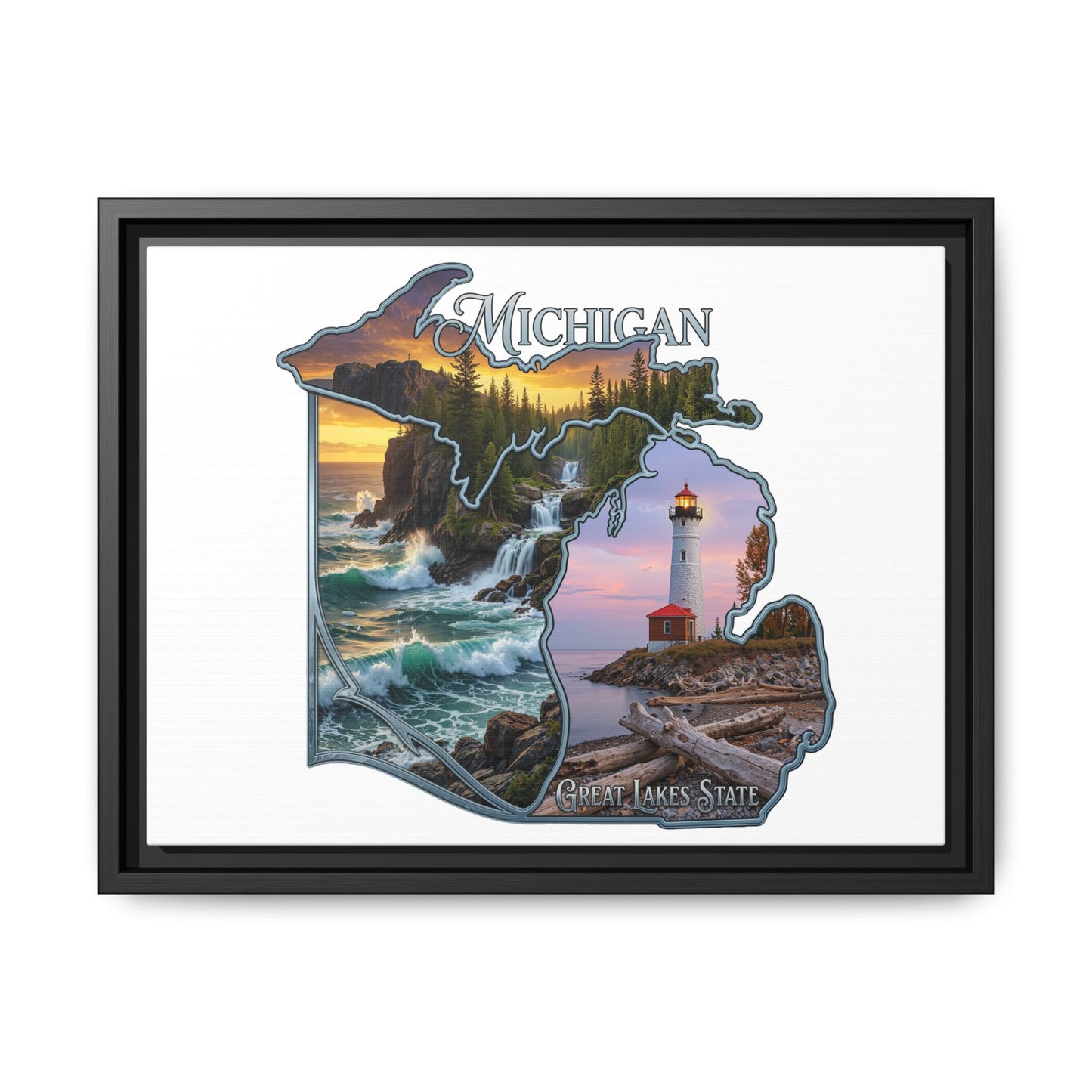 Michigan Framed Canvas Wall Art — Great Lakes State Lighthouse & Shoreline Print