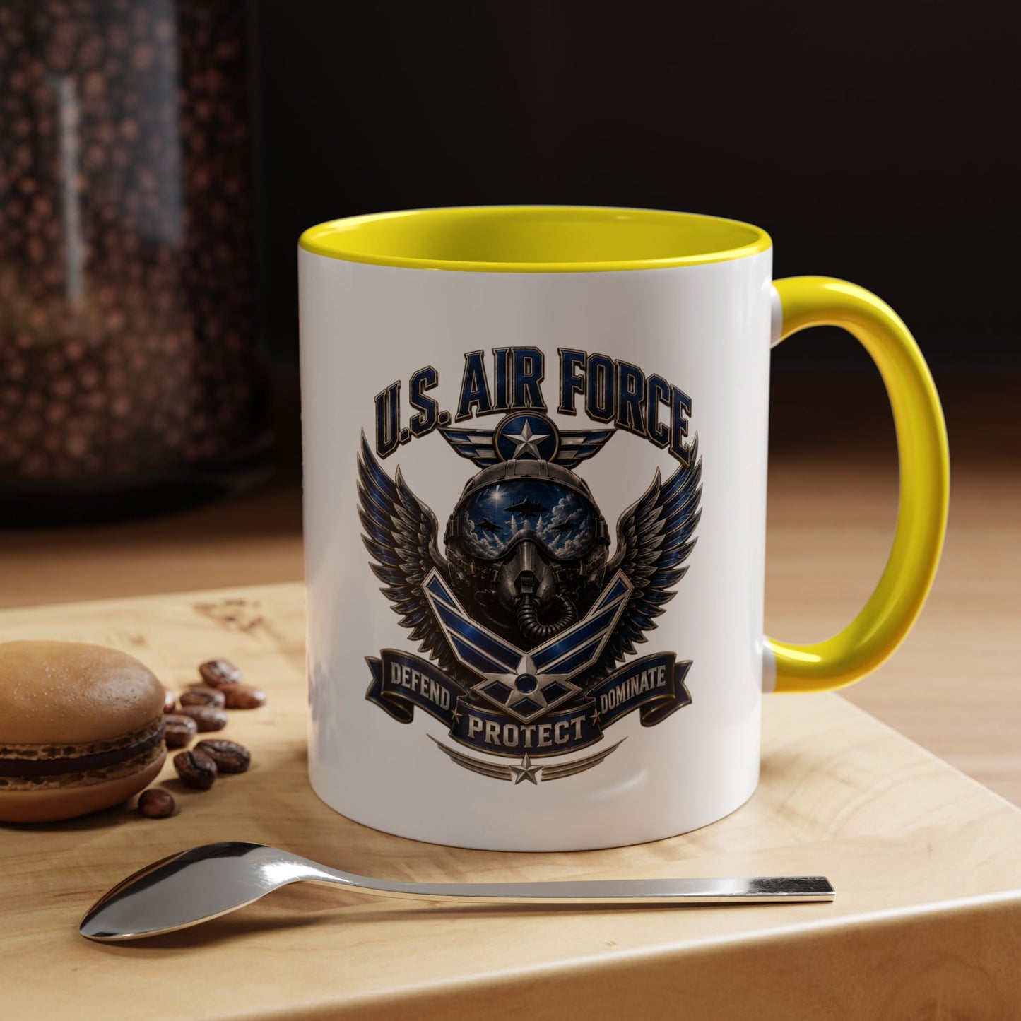 U.S. Air Force Emblem Accent Coffee Mug — Defend Protect Dominate (11/15oz)